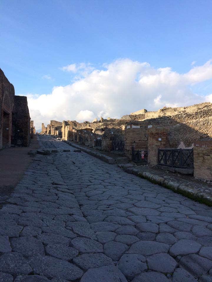 This is the main street in Pompeii. Alongside the streets, merchants would sell food, clothes, and goods to locals and visitors.